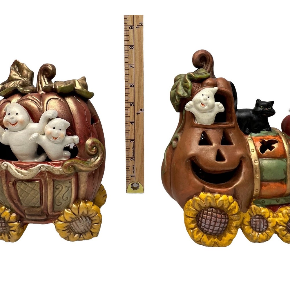 Halloween Light Up Train Decor Set Pumpkins Ghost Sunflowers W/ Box Spooky Cute - Picture 11 of 16